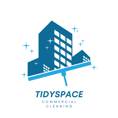 The logo for TidySpace, a commercial cleaning business, features a stylized blue building silhouette with large windows. The building is perched above an image of a squeegee, symbolizing cleaning. Surrounding the building are several sparkling star icons, representing cleanliness and shine. The business name "TIDYSPACE" is written below in bold blue letters, with "COMMERCIAL CLEANING" in smaller font underneath. The overall design conveys a sense of professionalism and cleanliness.
